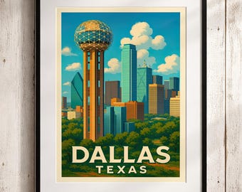 Dallas Texas Skyline Travel Poster – Reunion Tower Art Print, Illustrated Wall Decor