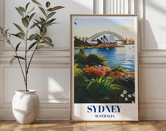 Reseaffisch från Sydney, Australien: Vintagekonst från operahuset och Harbor Bridge
