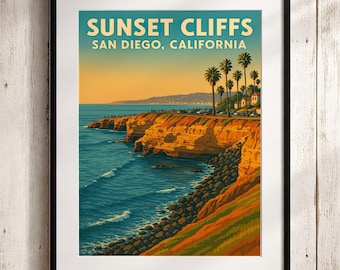 Sunset Cliffs San Diego Print: Vintage California Coast Travel Poster