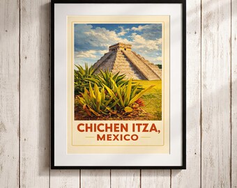 Chichen Itza Mexico Travel Poster | Vintage Mayan Pyramid Wall Art Print