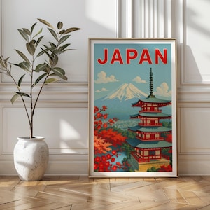 Mount Fuji Japan Travel Poster with Chureito Pagoda and Cherry Blossoms – Colorful Vintage-Style Japanese Landscape Wall Art Print Decor