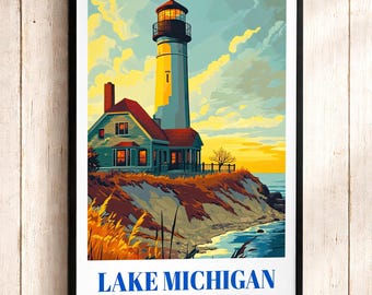 Lake Michigan Lighthouse Travel Poster Print: Nautical Coastal Decor