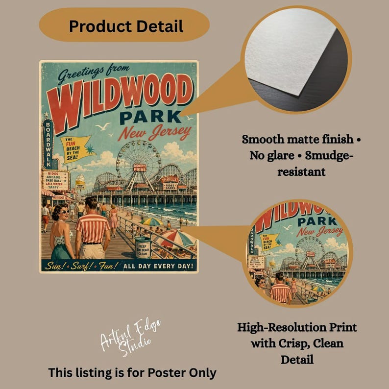 May include: Vintage-style poster print featuring a boardwalk scene with a Ferris wheel and the words "Wildwood Park New Jersey." The poster has a smooth matte finish and is smudge-resistant. The text "Sun! Surf! Fun! All Day Every Day!" is also visible.