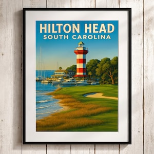 Hilton Head Travel Poster: Harbour Town Lighthouse, Coastal Golf Course Art