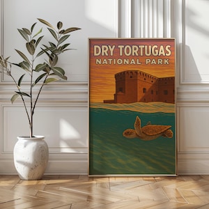 Póster estilo WPA del Parque Nacional Dry Tortugas, impresión de tortuga marina al atardecer en Fort Jefferson