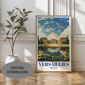 Cartel de viaje de Versalles Francia, Descarga digital - Impresión de arte de pared de estilo vintage, decoración de castillo francés, ilustración de monumento histórico