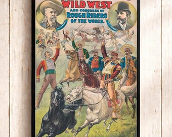 Pode incluir: Um cartaz vintage emoldurado intitulado Buffalo Bill's Wild West and Congress of Rough Riders of the World. Apresenta ilustrações de Buffalo Bill e Nate Salsbury, juntamente com cowboys a cavalo, lançando laços e realizando acrobacias num campo.