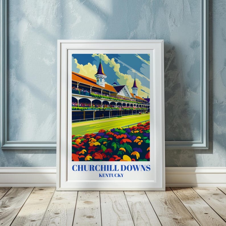State with our Churchill Downs poster, a tribute to the legendary races in Louisville, Kentucky. Whether framed or unframed, this striking wall art captures the essence of thoroughbred racing.