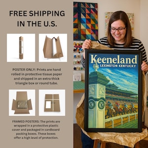 K&ouml;nnte beinhalten: Ein gerahmtes Poster mit dem Text "Keeneland Lexington Kentucky" in einem schwarzen Rahmen. Das Poster zeigt ein Pferderennen mit Jockeys und Pferden. Das Bild zeigt auch Verpackungsdetails f&uuml;r Poster und gerahmte Poster.