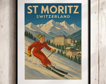 Plakat narciarski St. Moritz: Vintage wydruk z podróży po Alpach Szwajcarskich