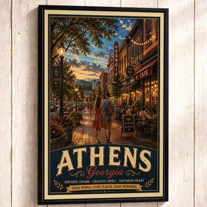 May include: A framed travel poster of Athens, Georgia, featuring a sunset street scene with a couple walking, a cafe, and a vertical sign reading GEORGIA. The text reads ATHENS Georgia, HISTORIC CHARM, CREATIVE SPIRIT, SOUTHERN HEART, GOOD PEOPLE. GOOD PLACES. GOOD MEMORIES.