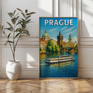 Vintage Prague Travel Poster: Charles Bridge, Vltava River - Czech Republic Wall Art