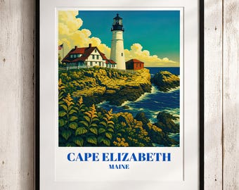 Cape Elizabeth Maine Lighthouse Art Print | Vintage Coastal Travel Poster Wall Decor