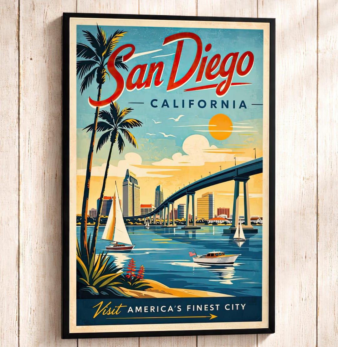 San Diego California Travel Poster, Retro Mid Century Wall Art Print - Etsy
