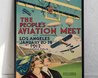 Vintage 1912 Aviation Framed Canvas Poster Los Angeles Air Show Dominguez Field Wall Art