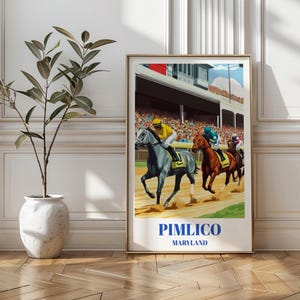 ボルチモア ピムリコ競馬場の旅行ポスター、プリークネス ステークス、メリーランド競馬アートプリント、ビンテージ スタイルの乗馬装飾