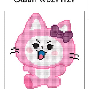 May include: A pink pixel art cat with a purple bow, big eyes, and an open mouth. The cat is in a sitting position with its legs crossed.