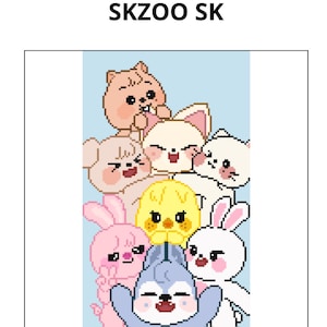Puede incluir: Un grupo de siete animales de dibujos animados, incluyendo un conejito rosa, un pollito amarillo, un pingüino azul y un gato blanco, están apilados uno encima del otro. Los animales están todos sonriendo y tienen ojos grandes. El fondo es de color azul claro.