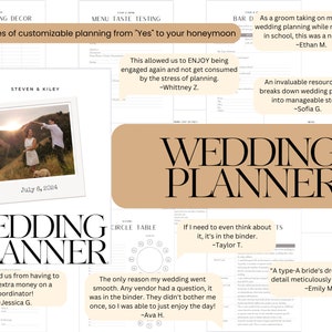 May include: A tan and white wedding planner with the words "Wedding Planner" in large, bold letters. The planner has 224 pages and includes customizable planning from "Yes" to your honeymoon. The planner is open to show the inside pages, which include sections for budgeting, menu taste testing, and circle table seating charts. The planner also includes quotes from happy customers about how helpful the planner was.