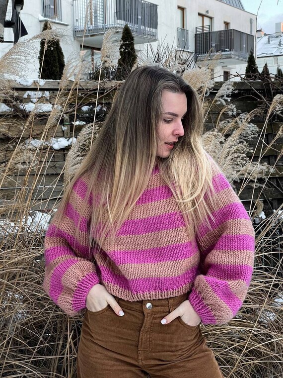 Pull en tricot pull au crochet pull colore fait main gros pull surdimensionne pull en laine pull en tricot pull rose beige Etsy France