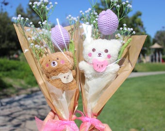 Plush Bear Crochet Bouquet, Bear Friend Series, Crochet Flowers Bouquet, Valentine&#39;s Day Bouquet, Cute Bear Bouquet, Girlfriend Gift, Tulip
