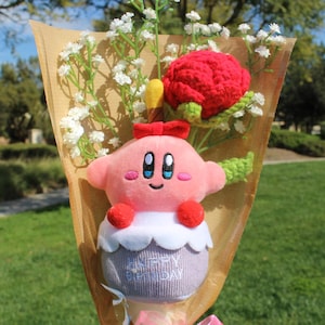 Kirby Crochet Bouquet, Kirby Birthday Series, Crochet Flowers Bouquet, Birthday Bouquet, Kirby Plush, Kirby, Red Rose