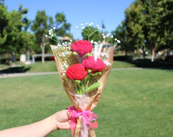 Crochet Bouquet, Crochet Three Red Rose Bouquet, Crochet Flowers Bouquet, Mother&#39;s Day Bouquet , Birthday Bouquet, Wedding Bouquet