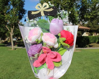 Graduation Crochet Bouquet, Five Flower Bouquet, Graduation Bouquet, Hand Made Crochet Bouquet, Anniversary Bouquet, Congratulations Bouquet