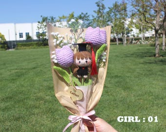 Graduation bouquet, Graduation Boy&Girl Bouquet, Free Personalized Name Tag, Graduation Gifs, Graduation Crochet Bouquet, Two Tulip