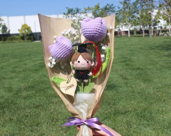 Graduation bouquet, Graduation Boy Bouquet, Personalized Name Tag Bouquet, Graduation Gifs, Graduation  Crochet Bouquet, Two Tulip Boy 01