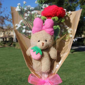 Plush Bear Crochet Bouquet, Bear Ribbon Series, Crochet Flowers Bouquet, Valentine's Day Bouquet, Bear Bouquet, Girlfriend Gift, Red Rose