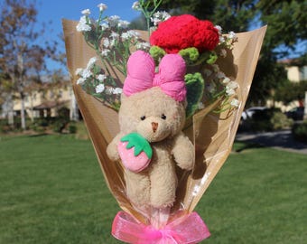 Plush Bear Crochet Bouquet, Bear Ribbon Series, Crochet Flowers Bouquet, Valentine's Day Bouquet, Bear Bouquet, Girlfriend Gift, Red Rose