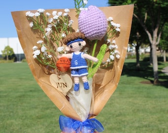Basket Boy Bouquet, Personalized Plush Bouquet, Hand made Bouquet, Free Name Tag Bouquet, Boy Friend Gifts, Son Gift, Tulips , Blue Uniform