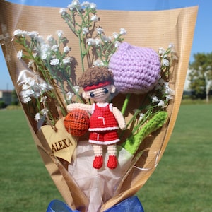 Basket Boy Bouquet, Personalized Plush Bouquet, Hand made Bouquet, Free Name Tag Bouquet, Boy Friend Gifts, Son Gift, Tulips , Red Uniform