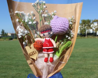 Basket Boy Bouquet, Personalized Plush Bouquet, Hand made Bouquet, Free Name Tag Bouquet, Boy Friend Gifts, Son Gift, Tulips , Red Uniform