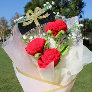 Graduation Crochet Bouquet, Three Red Rose Bouquet, Graduation Bouquet, For BFF Gifts, Hand Made Crochet Bouquet, Anniversary Bouquet