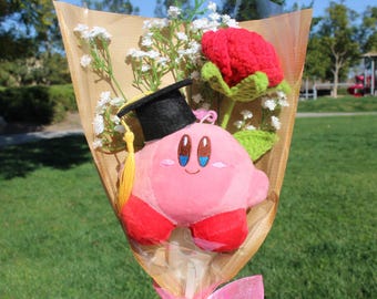 Graduation Bouquet, Kirby Crochet Bouquet, Kirby Graduation Bouquet, Crochet Flowers Bouquet, Doll Bouquet, Plush Bouquet, Red Rose, Kirby02
