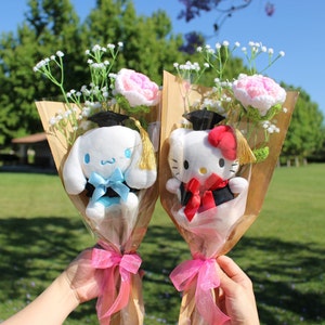 Graduation Bouquet, Sanrio Crochet Bouquet, Sanrio Graduation Series, Crochet Flowers Bouquet, Sanrio Bouquet, Graduation Bouquet, Pink Rose