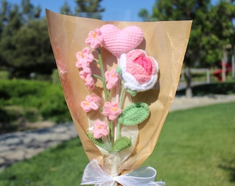 Rose&Heart Crochet Bouquet, Crochet Bouquet, Crochet Flowers Bouquet, Mother&#39;s Day Bouquet , Birthday Bouquet, Graduation Bouquet