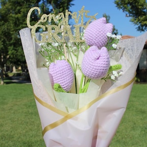 Graduation Crochet Bouquet, Three Tulip Bouquet, Graduation Bouquet, Hand Made Crochet Bouquet, Anniversary Bouquet, Congratulations Bouquet
