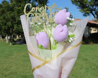 Graduation Crochet Bouquet, Three Tulip Bouquet, Graduation Bouquet, Hand Made Crochet Bouquet, Anniversary Bouquet, Congratulations Bouquet
