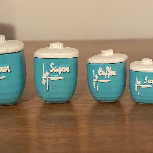 Vintage kitchen canister set for fashion doll dioramas.