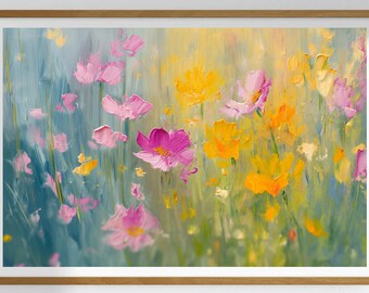 Afdrukbare Wildflower veld wazig landschap olieverfschilderij, Wall Art digitale download