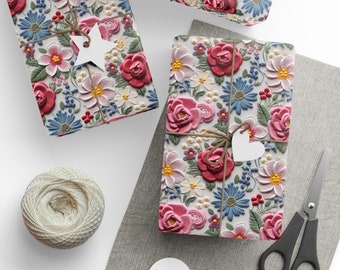 Spring Floral Wrapping Paper 3d Faux Embroidery Beautiful Pastel Flowers Gift Wrap Paper for Mothers Day Bridal Showers Birthdays