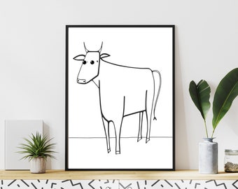 Black and White Cow Digital Download Printable Cow Artwork Rustic Home Decor Art Print Cow Line Art Minimal Cow Print Abstract Farm Animal