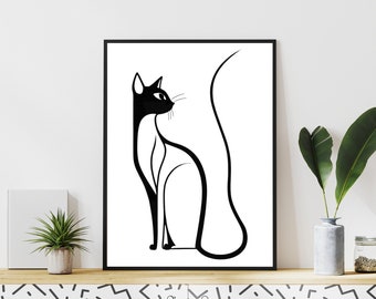 Black and White Cat Digital Download Printable Cat Artwork Dorm Room Home Decor Art Print Cat Line Art Minimal Cat Print Abstract Cat Art