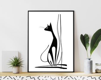 Black and White Cat Digital Download Printable Cat Artwork Dorm Room Home Decor Art Print Cat Line Art Minimal Cat Print Abstract Cat Art