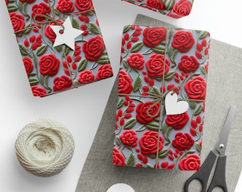 Luxurious Faux Embroidered Rose Wrapping Paper Red Rose Gift Wrap Valentine's Day Wrapping Paper for Her Rose Gift Paper Valentine Gift Wrap