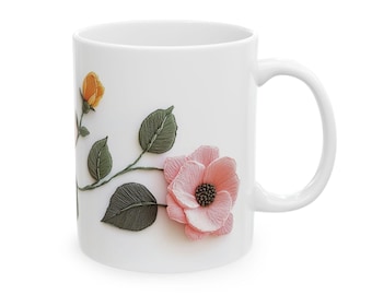 Unique Faux 3d Embroidered Roses Ceramic Mug Mother's Day Gift Floral Coffee Cup, Bright Tea Cup Faux 3d Flower Mug, Popping Pink Yellow
