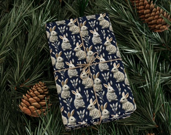 Cute Winter Bunny Wrapping Paper Vintage Holiday Gift Wrap Faux Embroidered Christmas Gift Wrap Christmas Wrapping Paper Christmas Rabbits